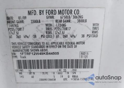 2009 Ford F-150 Stx/Xl/Xlt из США, поврежденный, VIN 1FTRF12W49KB44505